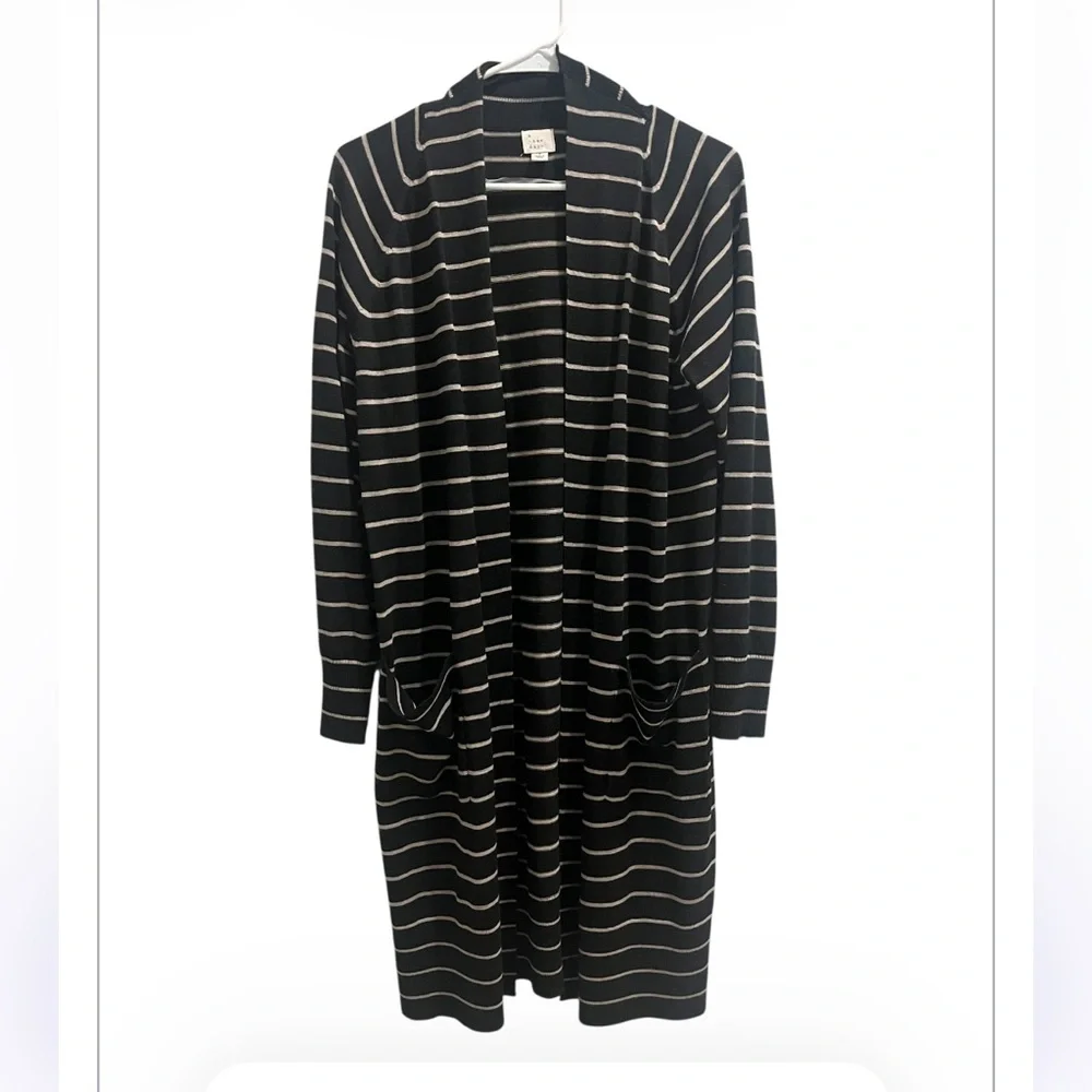 a new day Black Open Cardigan Sweater with Beige Stripes Small